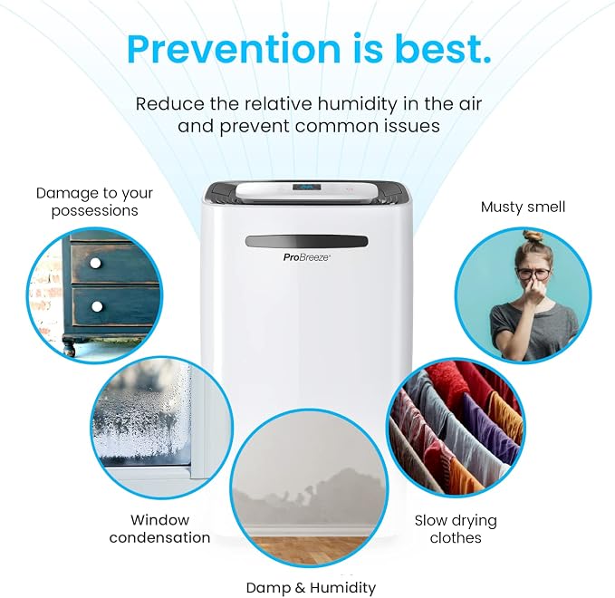 Pro Breeze Electric Large 50 Pint Dehumidifier for Home (3,500-4,000 sq.ft) Removes Moisture with built-in Humidity Sensor, Auto Shut Off, Continuous Drainage Hose, Ideal for Basements