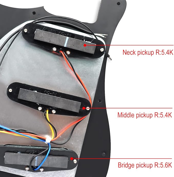 SAPHUE Prewired ST Pickguard Coil Pickups Adjustable Big Screws Loaded Electric Guitar Pickguard for Fender Strandard Straocaster Guitar Parts (SSS,Black)