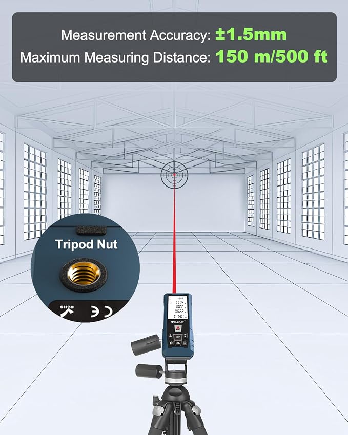 Laser Measuring Tool, 500FT Laser Measure Tool with ±1/16" Accuracy, IP54 Laser Distance Meters with FT/in Units for Area/Volume, Laser Measurement Tool with Angle Sensor for DIY Home Indoor