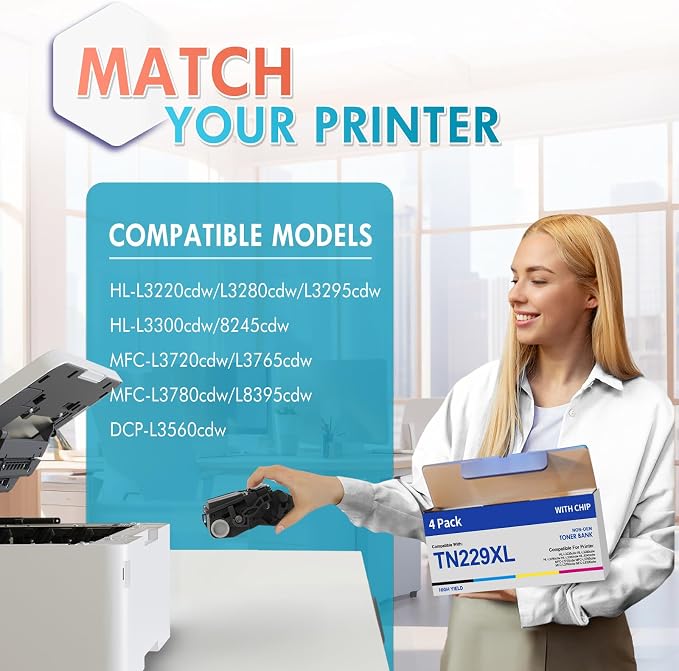 TN229XL TN229 Toner Cartridges 4 Pack MFC-L3780CDW MFC-L3720CDW Compatible for Brother HL-L3280CDW HL-L3220CDW HL-L3300CDW HL-L3295CDW Printer TN 229XL TN-229XL TN229/XL/V BK/C/M/Y High Yield