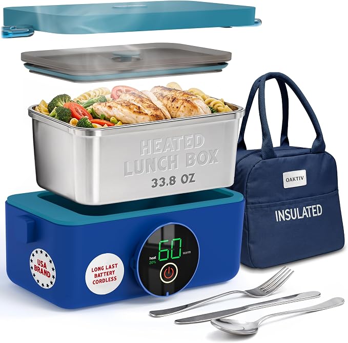 Oaktiv Lunch Box Warmer, Electric Heated Lunch Box for Adults, 4-Cup Cordless Portable Food Warmer with Scheduled Timer, Rechargeable with Insulated Bag