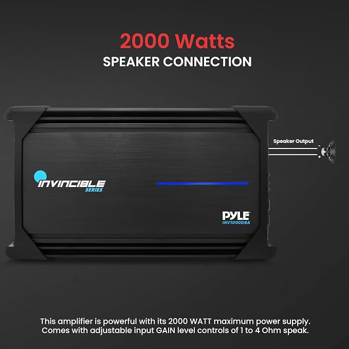 Pyle 1Channel 2000W Class D Car Audio System Amplifier, 14"Invincible Monoblock Series Amp, Advanced Protection Circuitry, PWM Power Supply, 5-Way Protection, Lightweight & Compact Design, LPF Control