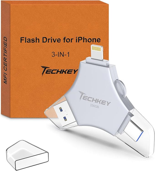 MFi Certified USB 3.0 Flash Drive 256GB for iPhone, 3in1 External Memory Photo Keeper Storage Stick for Picture/Video/Data Saver/Backup, High Speed Thumb/Jump/Hard Drives for iPhone/iPad/Android/PC