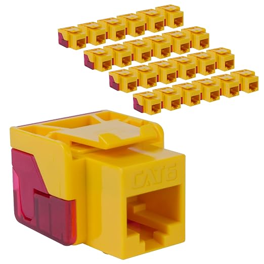 ICC CAT6 Keystone Jack with Inline IDC No Pair Split Wiring (Easier Termination) UL Listed PoE++ TAA Compliant for Wall Plate or Patch Panel, Works with JackEasy Termination Tool, Yellow, 25 Pack