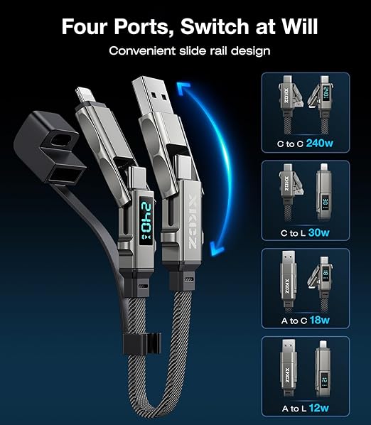 XKCZ Keychain USB C Cable with V/A/W Display, 4 in 1 Charging Cable Combo Type C/USB A/L Port, 240W Fast Charging Short Cable, USB C Keychain Portable Cord for iPhone/iPad/Samsung/Laptop, 8 inches