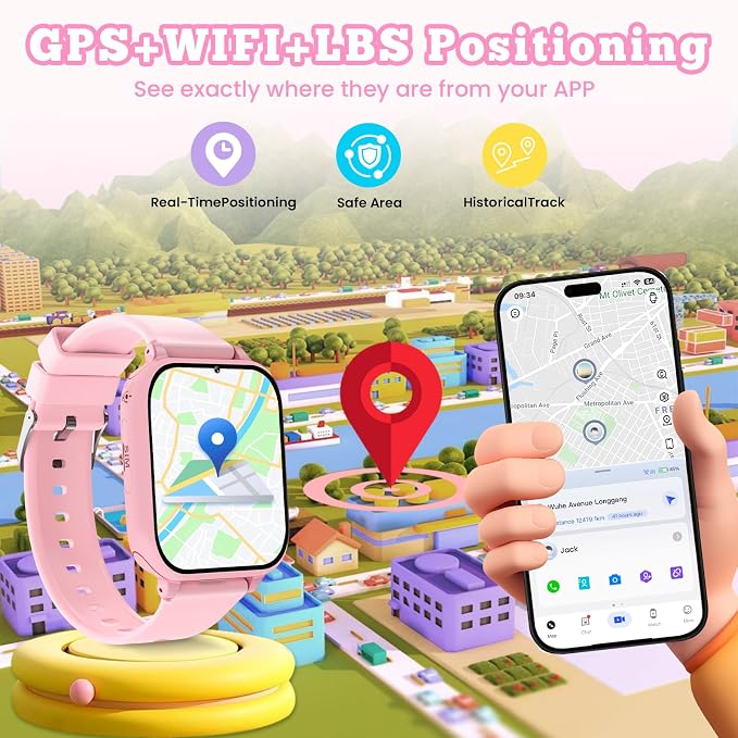 4G Kids Smart Watch GPS Tracker, Smartwatch for Kid with Video Calling, Voice Chat, Class Mode, SOS , Pedometer, Alarm, SIM Card HD Touch Screen Phone Watch Gift for 4-12 Girls Boys (Light Pink)