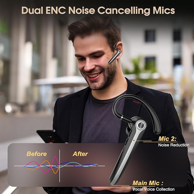 Bluetooth Headset, Wireless Bluetooth Earpiece with ENC Noise Canceling Mic | ENC Noise Canceling Mic, 120Hrs Talk Single-Ear Headphones, LED Display, IPX7, V5.4 Hand-Free Earphone