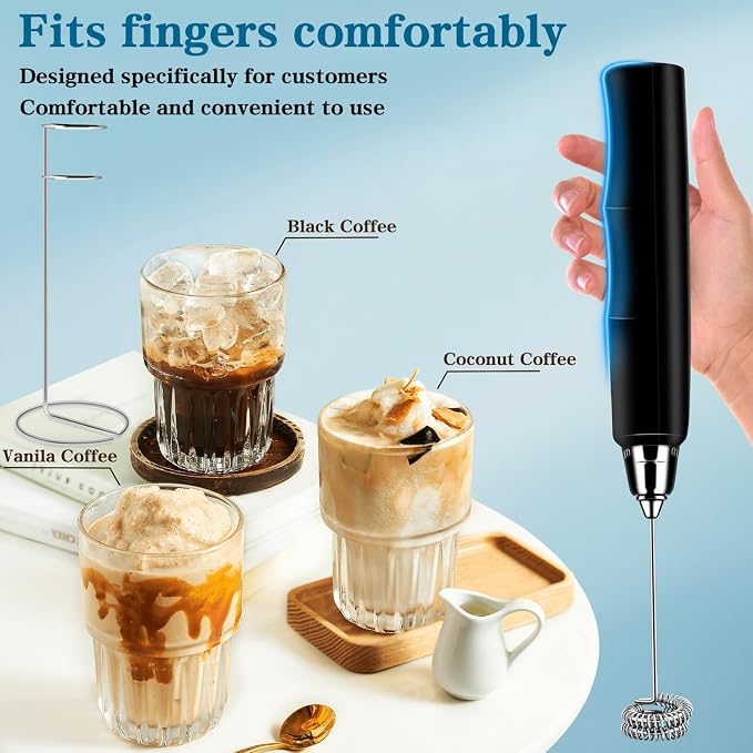 BSRGMS Milk Frother Handheld with Stand, Electric Whisk 3 Speed Adjustable, Drink Mixer with Stainless 3 Whisk, Rechargeable Hand Frother Wand, Foam Maker for Latte Cappuccino Hot Chocolate Egg Black