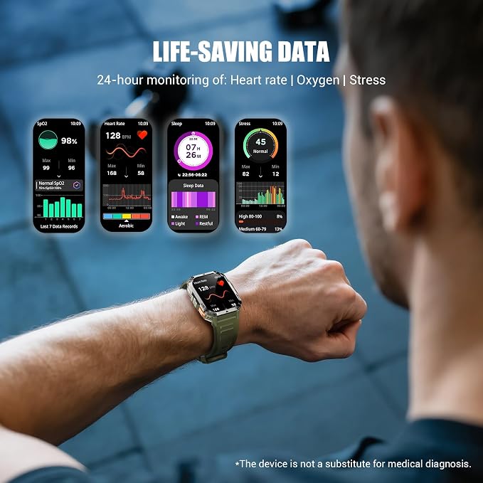 Military Smart Watches for Men，Smart Watch for Android iPhone with Large 2.01"Fitness HD Display/Flashlight/100-Day Battery/Compass/Heart Rate/120+ Sports Modes/IP68 Waterproof Smartwatch （2 Straps)