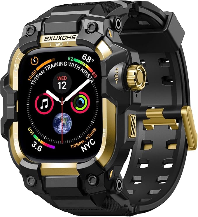 BXUXOHS Rugged Case and Band for Apple Watch 45mm Men, Compatible with Apple Watch Series 9/8/7, Military Grade Shockproof Bumper Cover, Tactical Band Case for iWatch 9/8/7 Man, Gold
