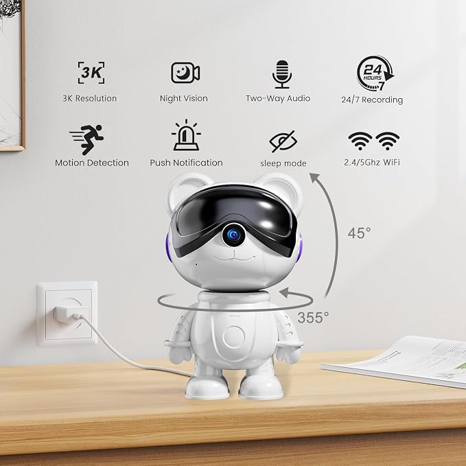 3K Indoor Security Camera for Home – Cute Bear Baby Monitor, Pet Camera & Nanny Cam, 5G/2.4G WiFi, AI Human & Pet Detection with Auto Tracking, IR Night Vision, Two-Way Audio, Privacy Mode, RTSP/ONVIF