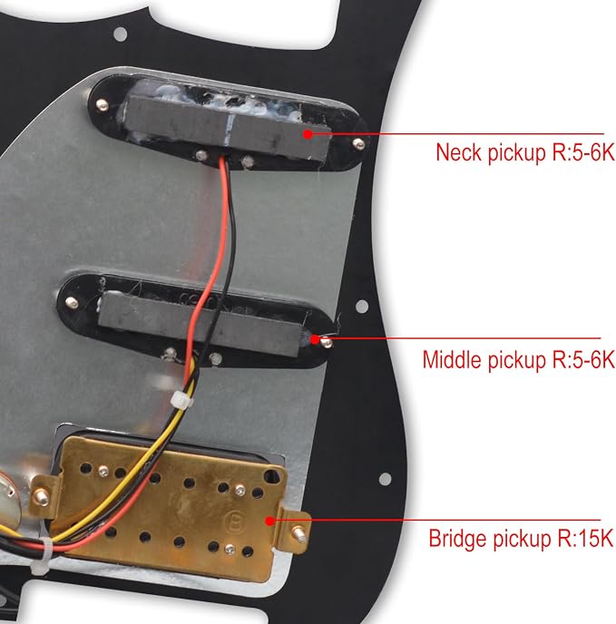 SAPHUE Prewired ST Pickguard Coil Pickups Adjustable Big Screws Loaded Electric Guitar Pickguard for Fender Strandard Straocaster Guitar Parts (SSH,Black)