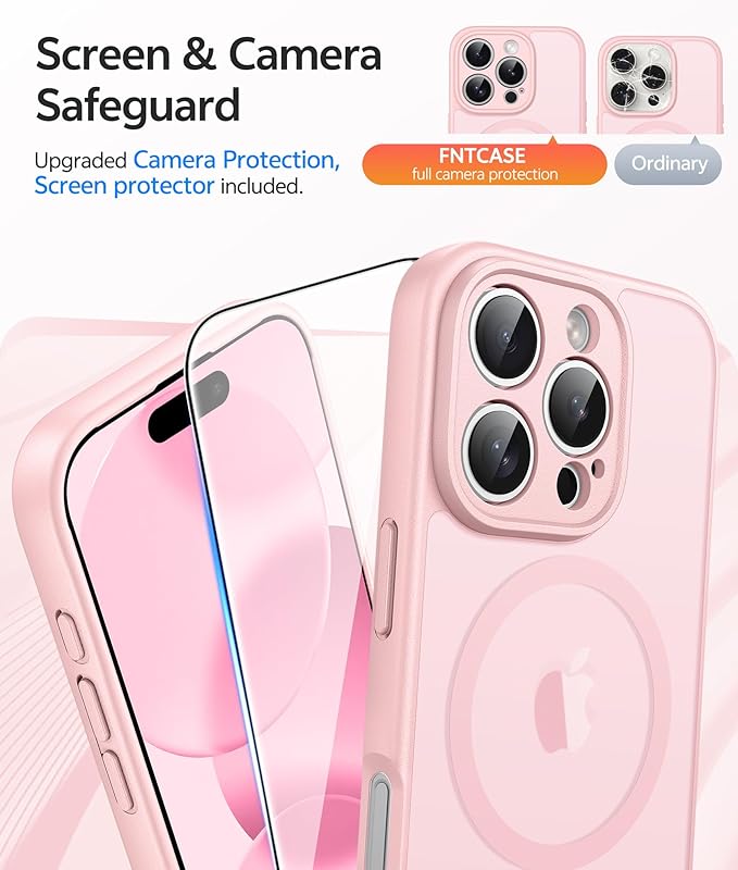 FNTCASE for iPhone 16 Pro Max Case: [Compatible with Magsafe] Translucent Matte Cases with [Full Camera Protection] [Screen Protector] Military Grade Shockproof Protective Phone Cover - Light Pink