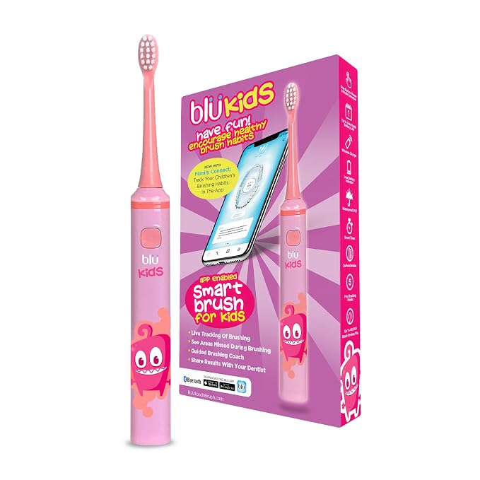 Blu Smart Toothbrush for Kids Up to 8 Years, App-Enabled Sonic Toothbrush with Live Tracking, Helps Build Healthy Brushing Habits, Rechargeable Electric (Pink)