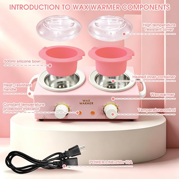 Wax Warmer for Hair Removal, Dual Pot Wax Melter Machine with Silicone Bowls & 20 Wooden Sticks, Adjustable Temperature Pink Wax Heater for Home Spa & Salon Use