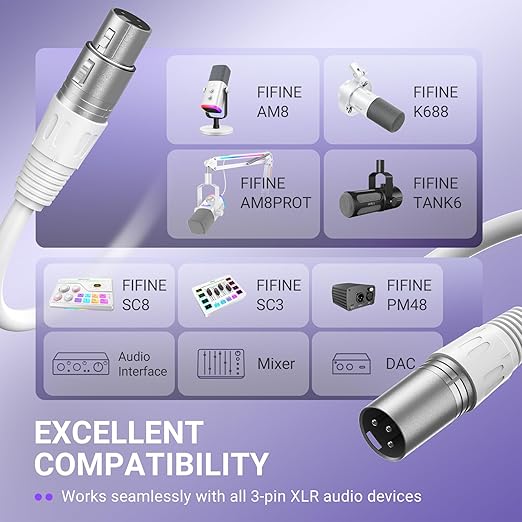 FIFINE XLR Cable, 5.9ft Balanced 3-Pin Microphone Cable for Home Studio Recording,Male to Female XLR Cord for Microphone,Aduio Interface,Streaming-L9CW