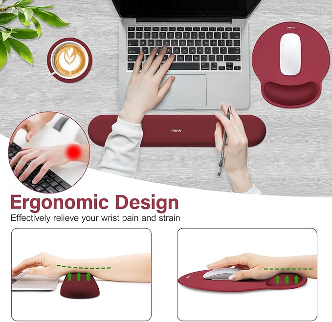 MOSISO Wrist Rest Support for Mouse Pad&Keyboard Set, Circle Curved Ergonomic Mousepad&Coaster Non-Slip Base Home/Office Pain Relief&Easy Typing Pad with Soft Cloth&Silicone Lining, Wine Red