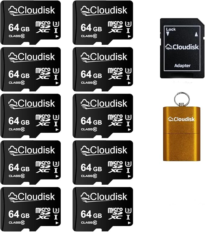 Pack of 10 Micro SD Card 64GB Flash Memory Card C10 A2 U3 Micro SDXC with SD Adapter, Card Reader (64GB)