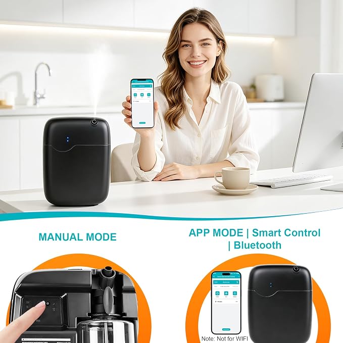 Waterless Essential Oil Diffuser, Bluetooth Smart Cold Air Scent Machine with 400ml Oil Bottle, 2000 Sq.Ft Coverage Aromatherapy Diffusers for Large Room Home Hotel Office Spa with App Control (Black)