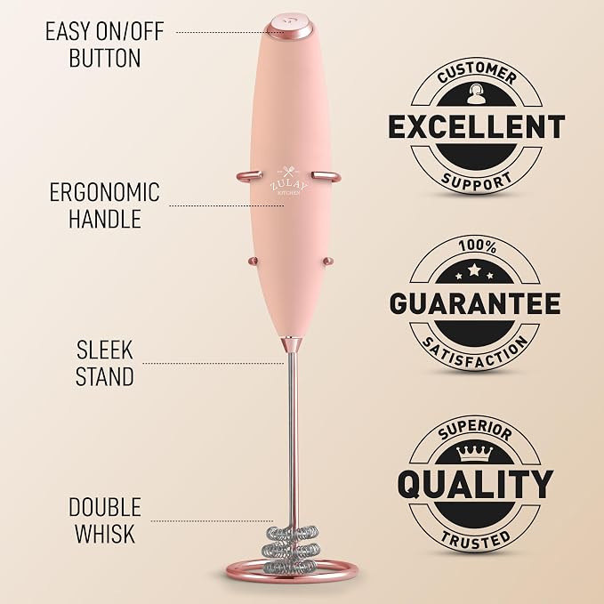 Zulay Kitchen Powerful Milk Frother Wand With Duracell Batteries - Ultra Fast Handheld Drink Mixer - Electric Whisk Foam Maker for Coffee, Lattes, Cappuccino & Matcha - Triple Whisk - Peach Radiance