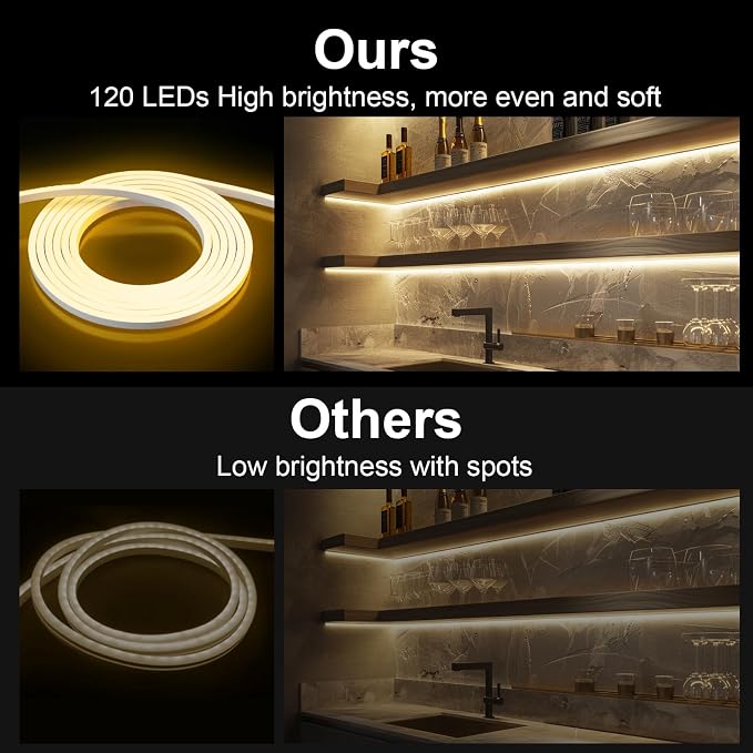 LED Neon Rope Lights, 16.4ft/5m Warm White Neon Light Strip,12V Flexible Waterproof LED Strip, Silicone Neon Lights for Kitchen Bedroom Indoor Outdoor Decoration (Power Adapter not Included)