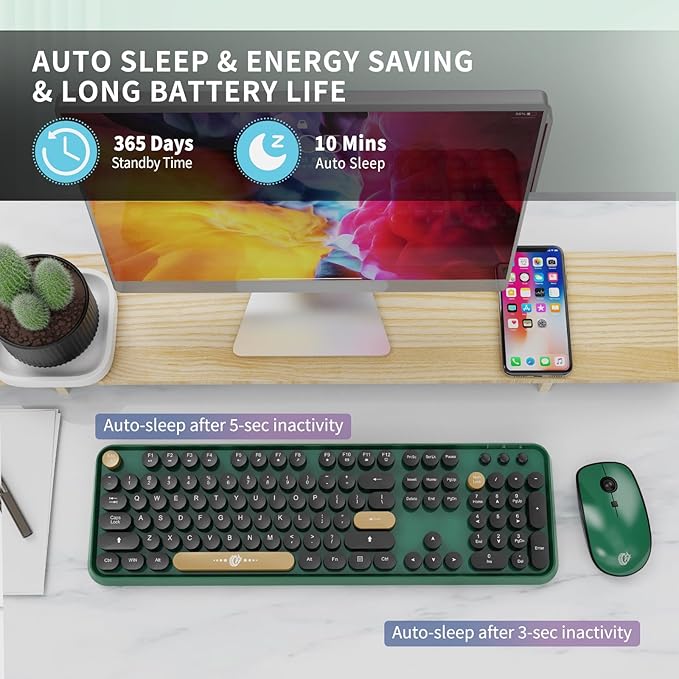 Wireless Keyboard and Mouse Combo Cute Colorful Keyboard and Mouse, Retro Typewriter Keyboard with 2.4GHz Plug & Play, for Windows 11/10/7, Laptop, PC (Dark Green)