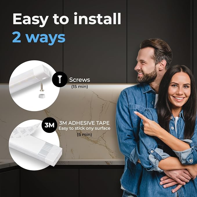 EShine Hand Wave Activated Under Cabinet LED Lighting Kit, Dimmable, 12-Pack 12 in - Touchless Dimming Control, Black Under Counter Lights for Kitchen, Garage, Office, Desk - Warm White (3000K)