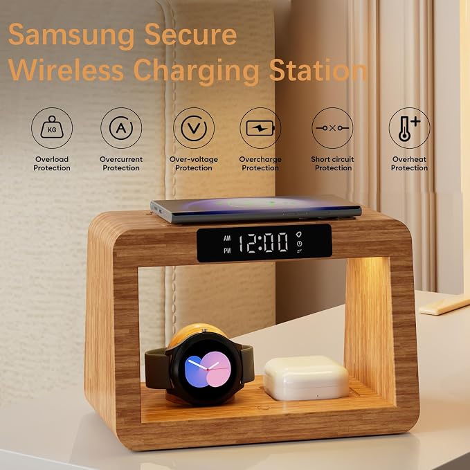 Bamboo Wireless Charging Station, 5 in 1 Charging Station with Light & Alarm Clock for Samsung & Android Phone, Wireless Phone Charger Station Only for Samsung Watch