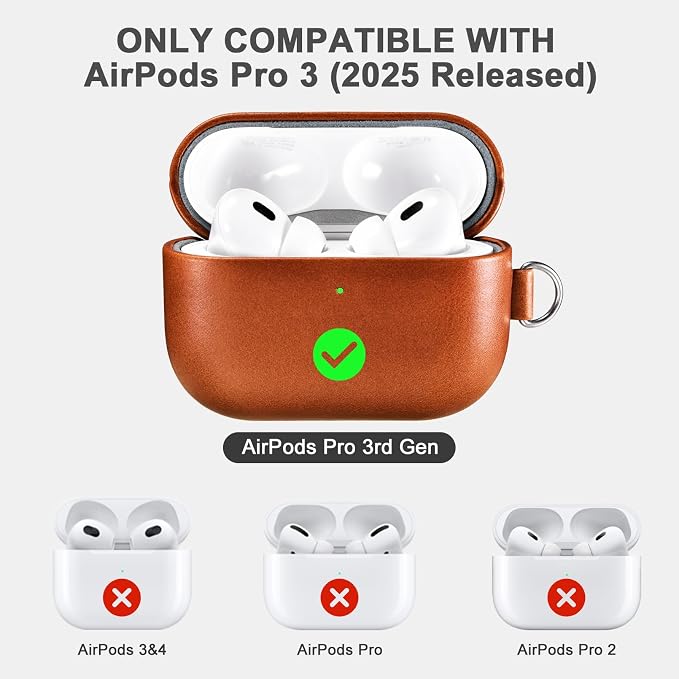ICARER AirPod Pro 3 Case with Strap, 100% Geniune Leather Case, Handmade Top Grade Vintage Cover, Shockproof Protective Wireless Charging Cover, Compatible with AirPod Pro 3 2025 Model (Brown)