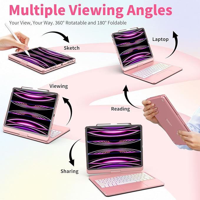 HOTLIFE Keyboard Case for iPad Air 13 inch (M4/M3/M2, 2026/2025/2024), Multi-Touch Trackpad Backlit Keyboard for iPad Pro 12.9 (6th, 5th, 4th, 3rd Gen)-360° Protective Case with Pencil Holder (Pink)