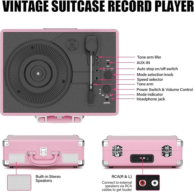 Vinyl Record Player 3-Speed Bluetooth Suitcase Portable Belt-Driven Record Player with Built-in Speakers RCA Line Out AUX in Headphone Jack Vintage Turntable,Pink