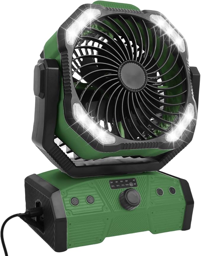 ELZO 30000mAh Camping Fan with LED Light, Max 70H Working, Cordless Portable Rechargeable Desk Tent USB Fan with Remote Hook, Head Rotation, Stepless Speed, for Home Outdoor Office Travel Fishing