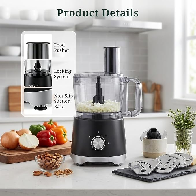 Food Processor 10.5 Cup (2.6QT), 600W Electric Food Chopper with 5 Stainless Steel Blades, 3-Speed Vegetable Chopper for Slicing, Shredding, Chopping & Dough Kneading, BPA-Free, Dishwasher Safe