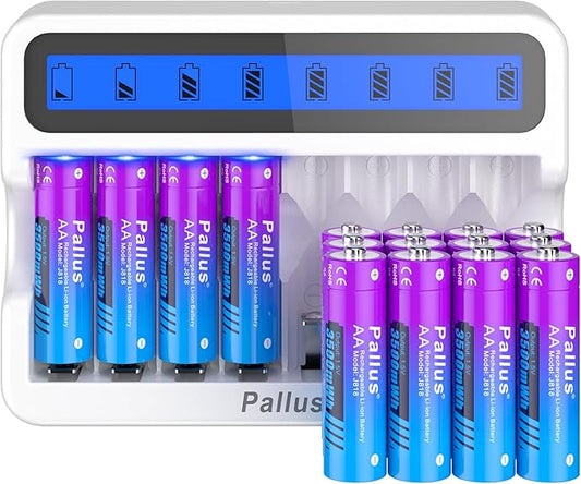 Pallus Lithium AA Batteries Rechargeable with 8 Bay LCD Fast Charger, 16 Pack 1.5V 3500mWh Constant Output Double A Batteries, AA Rechargeable Li-ion Batteries for Blink Camera, 1600+ Cycle Times