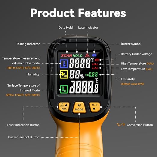 Infrared Thermometer Gun -58°F to 2732°F, IR Temperature Gun with K-Type Probe for Internal Readings, 50:1 High Temp Laser Thermometers Tool for Kilns, Furnaces, HVAC, BBQ Home & Industrial Use