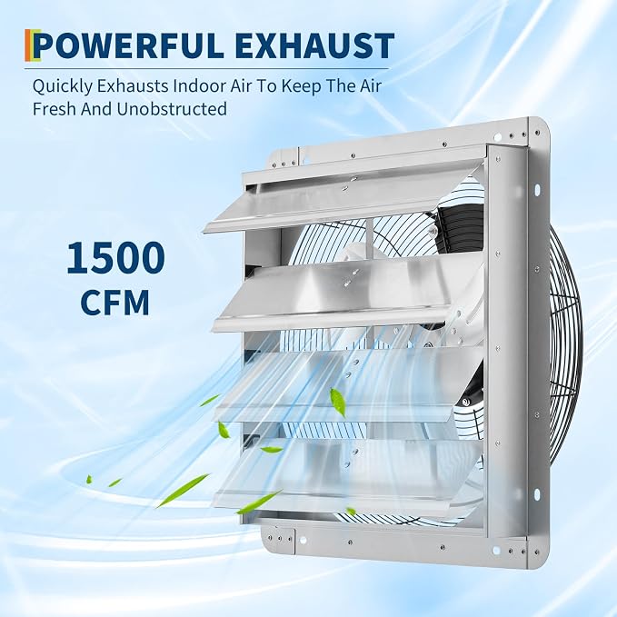 GarveeHome 14 Inch Automatic Shutter Exhaust Fan Wall Mount, 1500 CFM High Speed Attic Ventilation with Quiet 1500 RPM Motor for Attic, Garage, Greenhouse & Shed