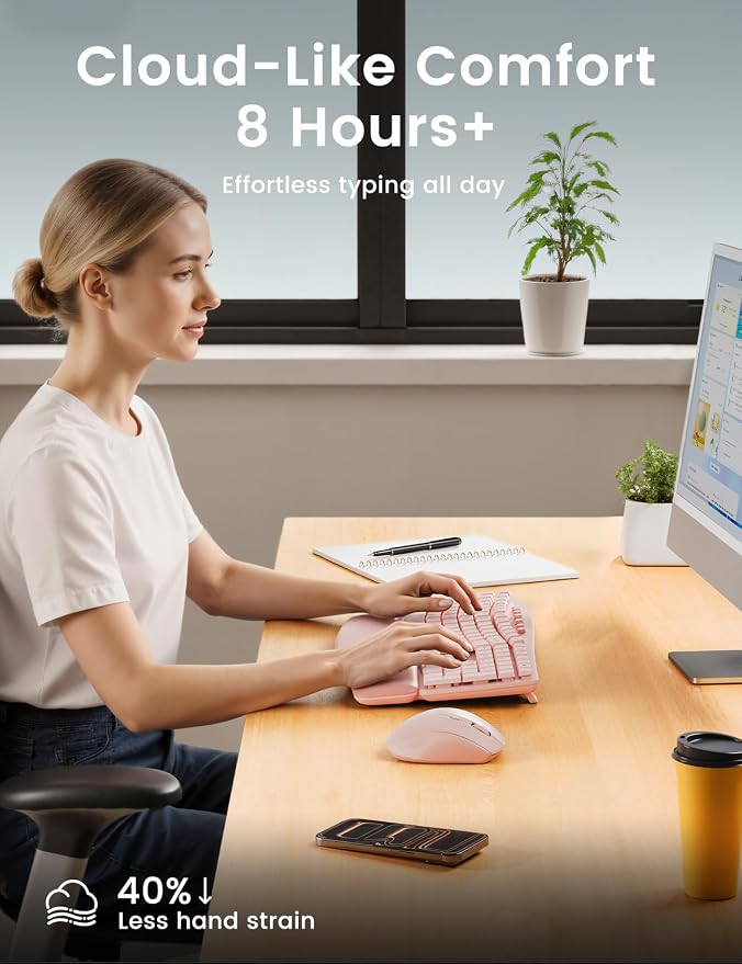 Pink Wireless Keyboard and Mouse Combo, 30dB Quiet Ergonomic Wave Keyboard Set with Soft Leather Palm Rest, Dual-System Switch for Windows/Mac, Ideal for Business Teams Home Office - SABLUTE MA41