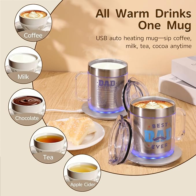 Dad Birthday Gifts, 12oz Heated Coffee Mug with BEST DAD EVER Design, USB Electric Temperature Control Cup, Fathers Day Gift from Wife Daughter Son(Silver DAD-12oz)