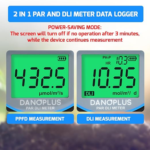 DLI Light Meter 2 in 1 PAR DLI Meter, 400-700nm Sunlight Meter Measure PPFD and DLI (Daily Light Integral), Record and Export 5 Years of Data, Light Measurement Tool for for Lawn, Garden, Plants