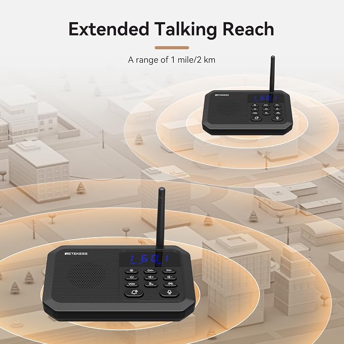 Retekess TH201 Intercoms Wireless for Home, Hands Free Intercom,Long Range 1 Mile, 22 Channel, VOX,Real-time Caring, Group Call, Real-Time Two Way Intercoms for Home,Business