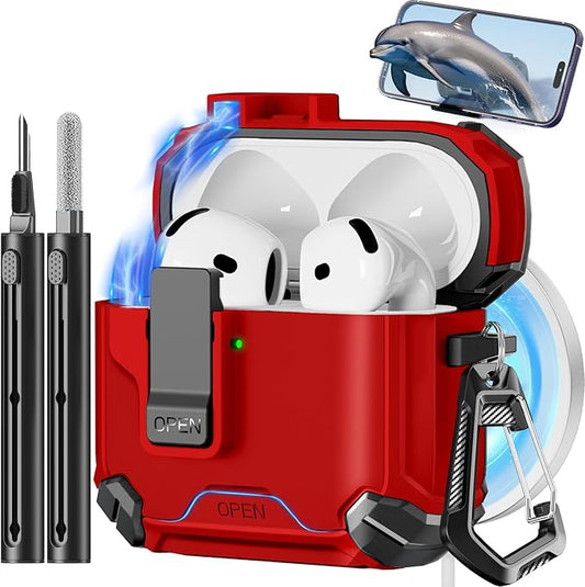 Pohgelan Compatible with AirPods 4 Case,Magnetic Automatic Lock with Phone Stand & Cleaning Kit,Compatible with Magsafe Cover -C-RED