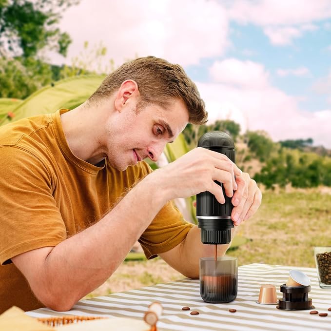 i Cafilas Portable Espresso Machine Self-Heating | Battery Powered Coffee Maker for Camping without Electricity| 2-in-1 Ground Coffee&NS Capsule|19 Bar| USB-C Fast Charge| Black Coffee Maker for Car