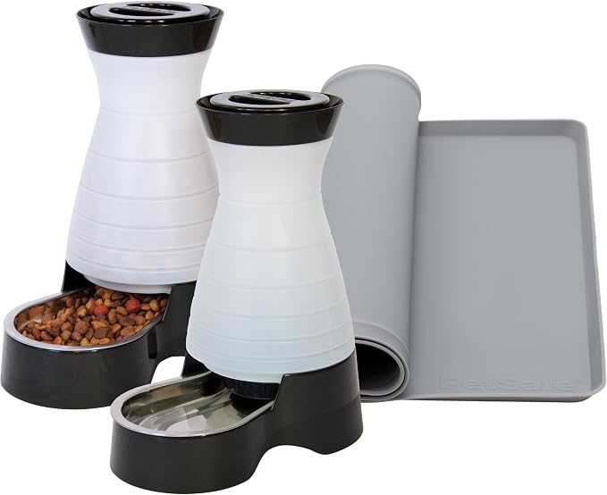 PetSafe Healthy Pet Food and Water Station with Waterproof Silicone Mat - Automatic Gravity Food and Water Dispenser for Cats and Dogs - BPA-Free Reservoir - Removable Stainless Steel Bowl - Medium