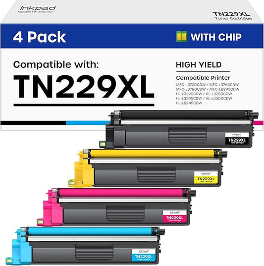 iNKPAD Compatible TN229XL Toner Cartridge 4 Pack High Yield Replacement for Brother TN229XL TN229 Compatible with MFC-L3780CDW HL-L3280CDW MFC-L3720CDW HL-L3300CDW Printers (Bk/C/M/Y)