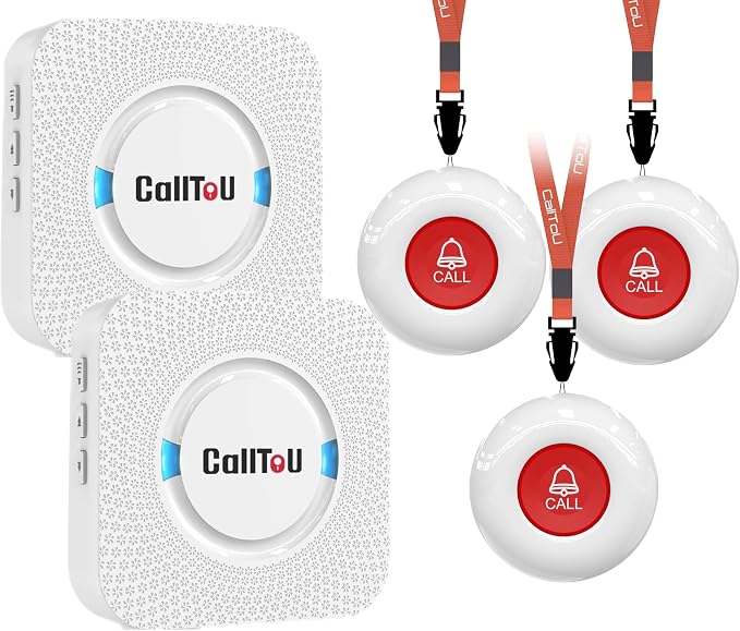 CallToU Caregiver Pager Wireless Call Button Nurse Alert System 500+ Feet for Home/Elderly/Patient/Disabled 2 Plugin Receiver 2 Waterproof Transmitter 1 Watch Transmitter