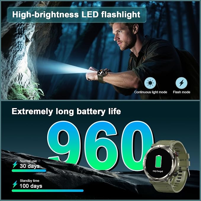 Military Tactical Smart Watches for Men, 100-Day Battery Rugged Fitness Watch with Compass & Flashlight, Sports Watch for Android with 1.45" HD Display AI Voice, IP68 Waterproof Smartwatch (Green)