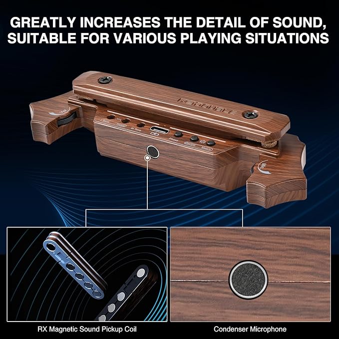 Wireless Acoustic Guitar Pickup Rechargable Magnetic And Microphone Soundhole Pickup For Acoustic Guitar Build-In Volume Control(Wood Grain)
