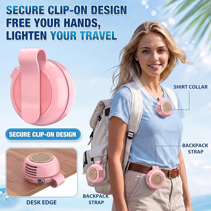 2 Pack Portable Silent Mini Bladeless Fan Clip on 5 Adjustable Speeds Digital Display 360 Rotatable USB Rechargeable Electric Small Fan for Shirt Waist Outdoor Travel(Pink)