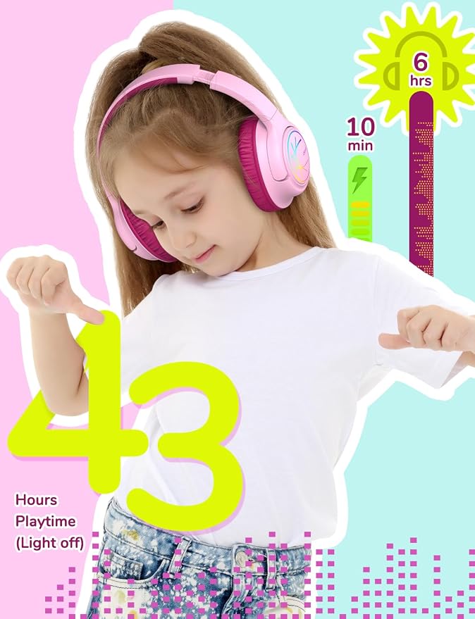 iClever Kids Bluetooth Headphones with LED Lights, BTH18 Safe Volume 74/85dBA, 43H Playtime, Bluetooth5.3 Kids Headphones Wireless Aux Cord for iPad/Tablet/Travel/School, Blossom Pink