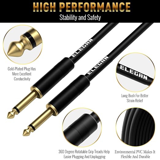 Guitar Cable 100 Feet -Straight to Straight Instrument Cable-Gold Plated-1/4 Inch TS Professional Electric Bass Guitar Cord Amp Cable 6.35mm Male PVC Jacket with 6 Guitar Picks+5 Ties